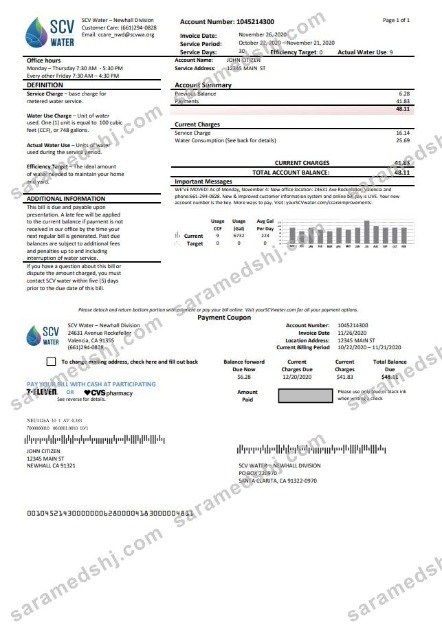USA California Santa Clarita SCV Water utility bill template in Word and PDF format